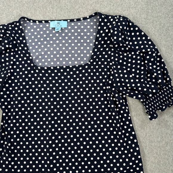 CeCe Square Neck Polka Dot Blouse Women's Medium Navy Blue/White Short Sleeve - Picture 4 of 8